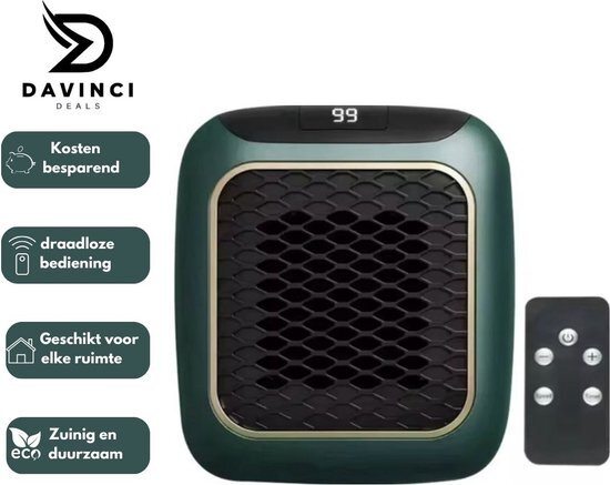 Davinci Mini Heater 800W – Compacte, Energiezuinige en Portable Muurverwarming met LCD-display – Keramische Technologie – Direct in Stopcontact – Groen