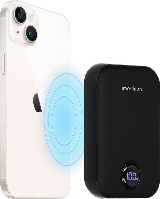 imoshion® Powerbank 10000 mah - Geschikt voor Magsafe - Snellader 22.5W - USB C & USB A - Draadloze Powerbank Geschikt voor Apple iPhone 12/13/14/15/16 - Zwart
